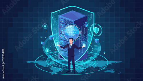 Businessman standing in front of a server rack protected by a digital shield, symbolizing cybersecurity and data protection, with glowing icons of locks, cubes, and a globe representing global