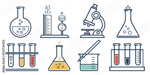 Illustration of laboratory equipment including flasks test tubes and a microscope image vector