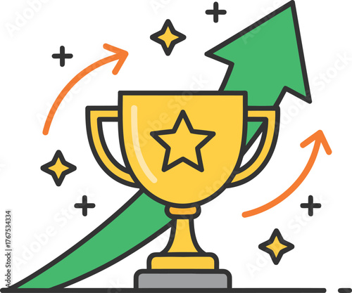 Trophy with upward arrow flat vector illustration symbolizing success, achievement, and business growth concept