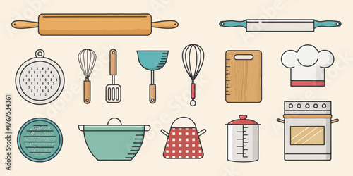 Illustration of kitchen utensils including rolling pins whisks and pots on a light background
