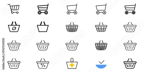 Assorted shopping cart and basket icons in black and white on a white background displayed in rows