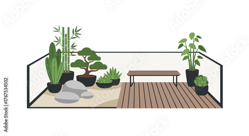 Serene Balcony Garden Oasis with Diverse Plants and Seating.