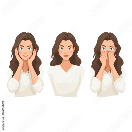 Set of three illustrations depicting a young woman with long brown hair expressing different emotions: surprised or astonished, calm or neutral, and shocked or keeping a secret, isolated on a white ba