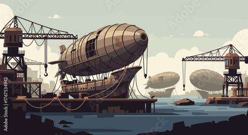 Steampunk airship under construction at an industrial shipyard.