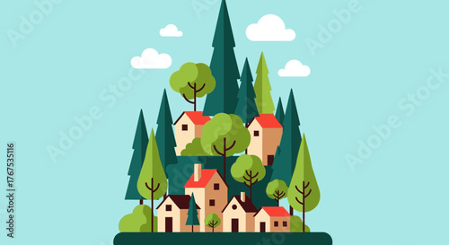 Stylized cartoon village nestled among a dense green forest.
