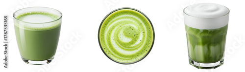 Delicious matcha latte art and matcha tea latte drink in glass cups healthy beverage food photography on transparent background