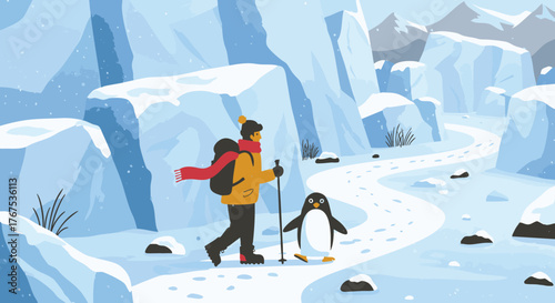 Man and penguin walking on a snowy path surrounded by ice mountains, winter adventure illustration