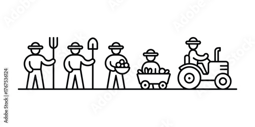 Farmers with tools and tractor