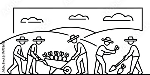Farmers working in the field with wheelbarrow