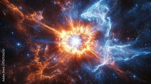 A radiant vision of a glowing supernova sending bursts of topaz and sapphire energy into large