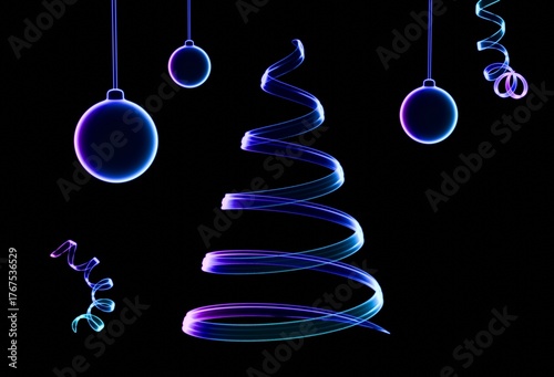 Christmas card with festive elements. Imitation of glowing glass on dark background. Xmas tree and baubles. 3D render. Abstract composition.