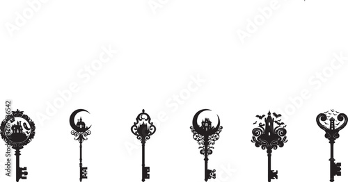 Set of ornate vintage keys with Islamic crescent moon and mosque patterns, elegant decorative silhouettes isolated on white background, symbolizing faith, tradition, mystery, and spirituality.