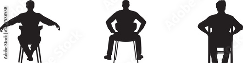 Three man silhouettes sitting on a chair in different relaxed and confident poses, isolated on white background, concept of attitude, body language, leadership, and workplace communication.