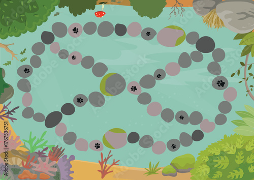 Board game plan for kids concept. Vector flat illustration with different ecosystems.