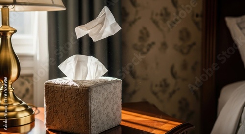 A tissue box sits on a bedside table, with tissues being pulled out, near a lamp and patterned wallpaper.