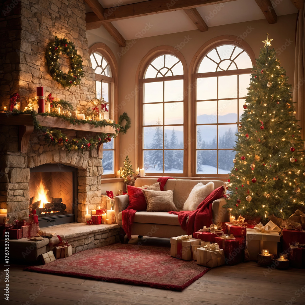Fototapeta premium Cozy Christmas living room with decorated tree and glowing fireplace