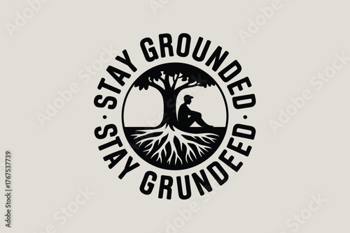 A stylized logo with a person sitting under a tree surrounded by the words stay grounded in a circle