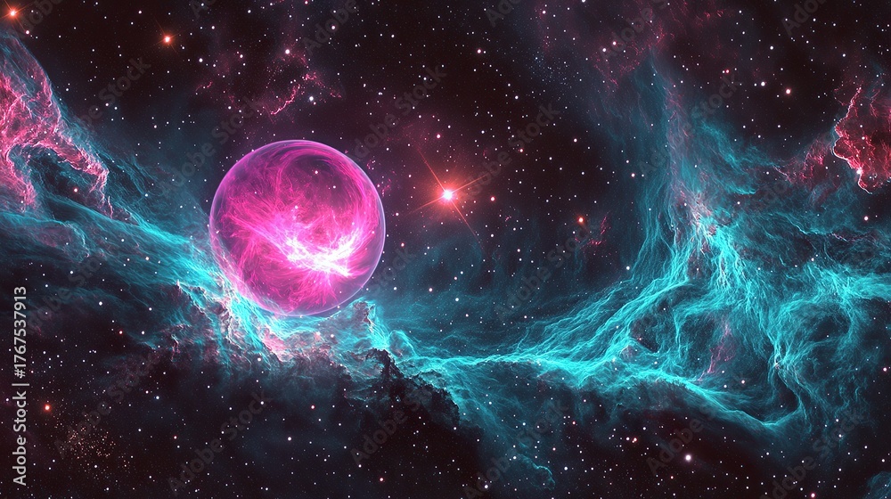 Obraz premium A striking display of a pulsating pink star enveloped by cascading turquoise ribbons of gas