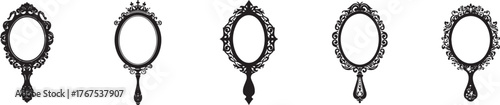 Set of elegant vintage hand mirrors with ornate decorative frames in black silhouette style on white background, perfect for antique illustration, fashion design, beauty salon, and retro decor concept