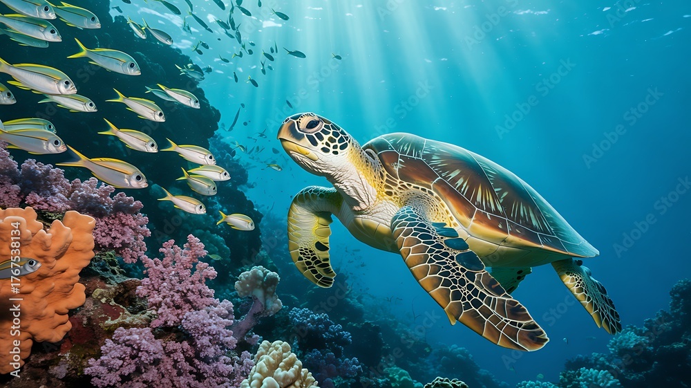 Obraz premium Sea Turtle Swimming Gracefully in Coral Reef Ecosystem with Fish