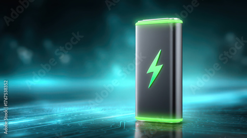Futuristic render of glowing battery with lightning symbol, showcasing advanced technology and energy efficiency