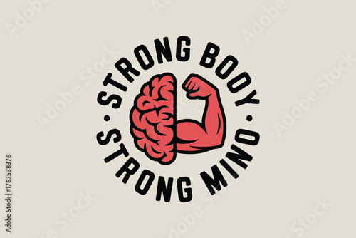 A stylized logo featuring a brain and bicep representing strong body strong mind on a beige background