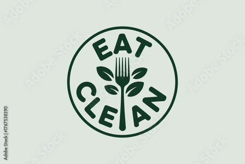 A logo with the words eat clean in a circle around a fork with leaves on it against a light background