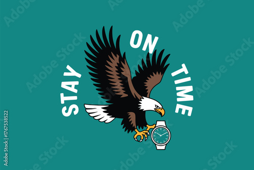 Illustration of an eagle holding a watch with text saying stay on time against a teal background