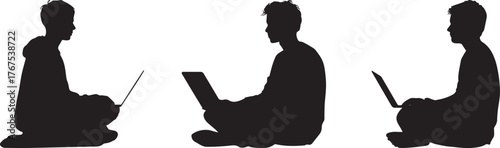 Silhouette of young people sitting cross-legged and using laptops, representing online learning, remote work, digital communication, freelance lifestyle, education, and modern technology connection