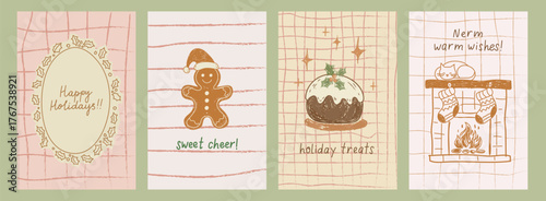 Vintage Christmas banner set in pencil chalk drawing style. Cozy festive posters with fireplace and gingerbread man. Retro New Year vector design for greeting cards and party invitations.