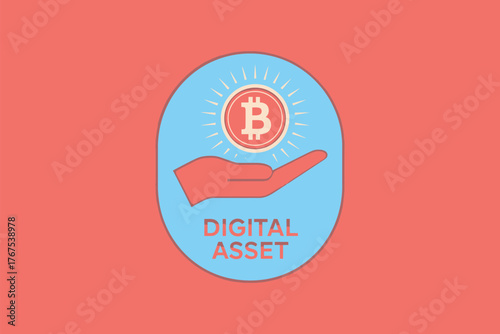 Illustration of a bitcoin in a hand inside of a blue oval with the text digital asset below it
