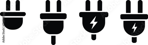 Plug glyph icon set, solid black vector illustration of electric power connection symbols in minimal flat silhouette style on white background