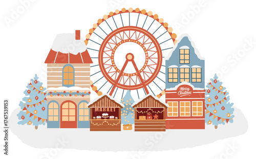 Winter amusement park, Christmas market, winter town, Christmas street. Christmas fair, Ferris wheel, Christmas tree, winter houses. Hand-drawn flat illustration. Composition with a winter scene