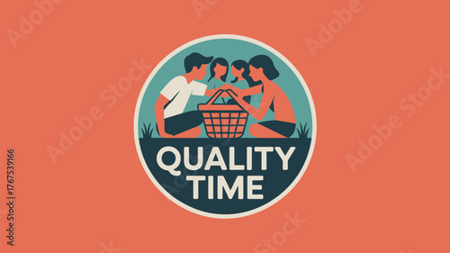 Illustration of a family gathering around a picnic basket with the words quality time at the bottom