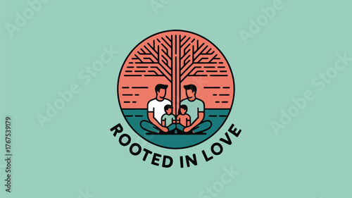 A stylized emblem featuring two fathers and two children beneath a tree within a circular frame