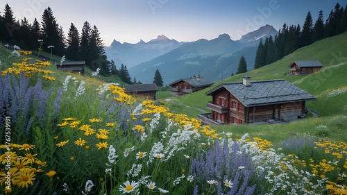 Fototapeta Naklejka Na Ścianę i Meble -  Idyllic alpine landscape with wooden chalets and blooming wildflowers