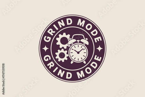 A purple and white emblem featuring gears, an alarm clock, and the words grind mode in a circle