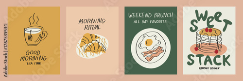 Hand drawn breakfast vector set in doodle chalk and crayon style. Minimalist food and tea illustrations for cafe menu, posters, prints, or restaurant design. Cozy morning line art collection.