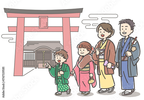  着物を着て神社で初詣をする4人家族