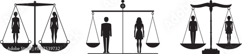 Silhouette illustration of men and women standing on balance scales representing gender equality, justice, fairness, and social balance, perfect for diversity, inclusion, and human rights concept desi