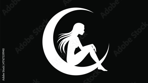 Silhouette of a woman with long hair sitting on a crescent moon against a black background design art
