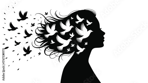 Silhouette of a woman's head with white birds in her hair and black birds flying away from her hair