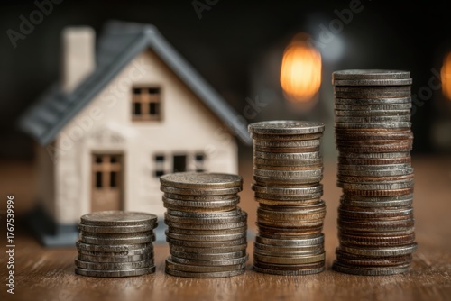 Stacks of coins represent the growing costs of power lines and electricity, showing the increase in price and economic value linked to energy