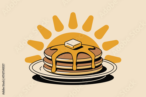 A stack of pancakes with butter and syrup on a plate, with a sunburst in the background illustration