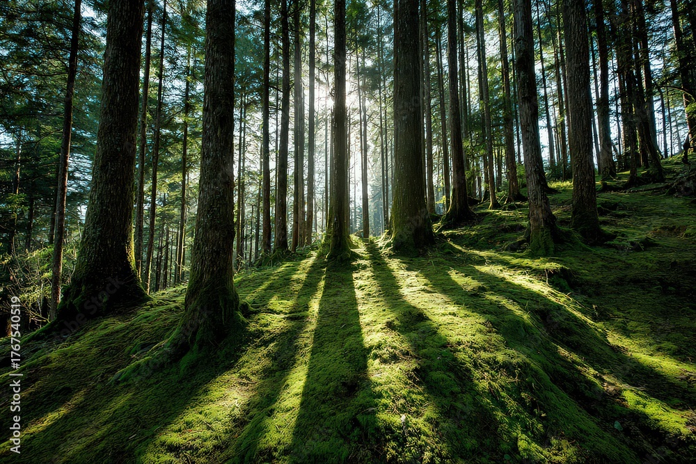 Fototapeta premium Sunlight Through Tall Trees Casting Shadows in Dense Green Forest