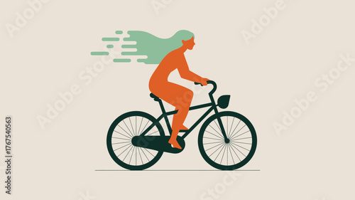 Illustration of a woman with flowing hair riding a bicycle with motion lines indicating speed and movement