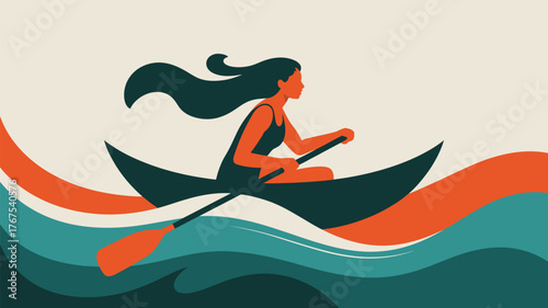 Woman rowing a boat on stylized water with orange and teal waves against a light background art