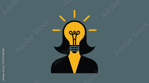 Illustration of a woman with a lightbulb head radiating light on a gray background in flat design