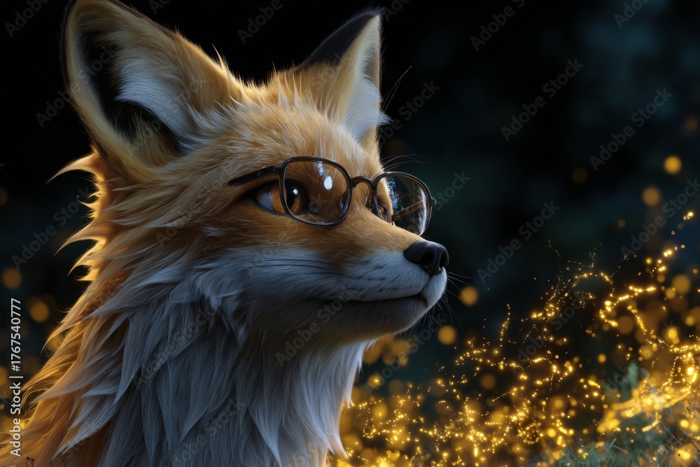 Fototapeta premium Adorable anthropomorphic fox wearing glasses, with magical glowing particles, soft lighting, and dark background