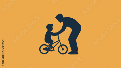 Silhouette of a father teaching his child to ride a bicycle on a yellow background illustration art